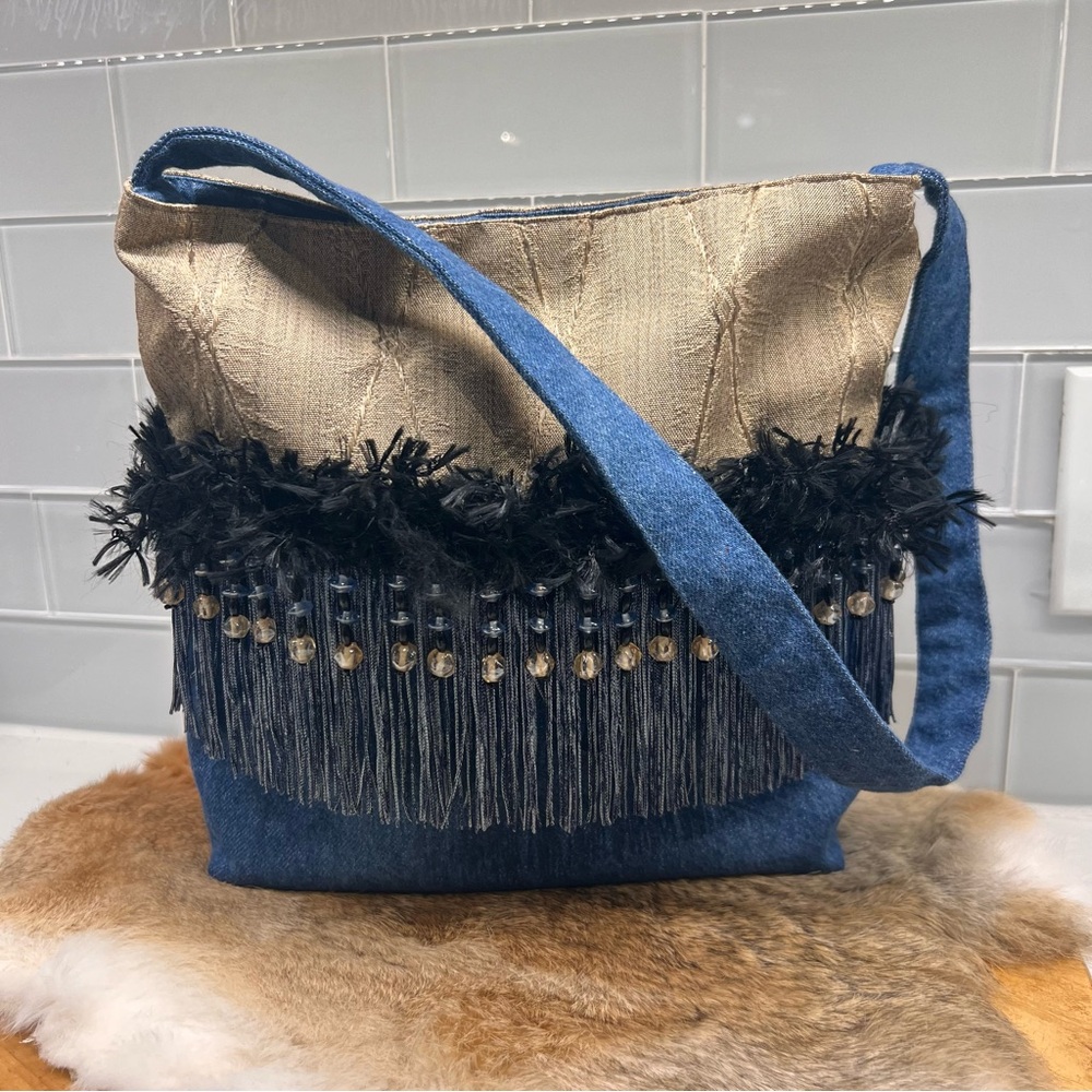 Denim Tote Bag Beaded and Tasseled with Black Feather Fringe Accent NWOT